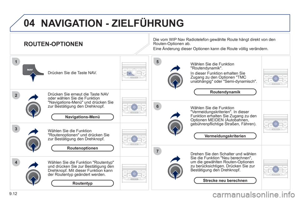 Peugeot Partner Tepee 2012 Betriebsanleitung (in German) 04
4
3
2
1
7
6
5
9.12
NAVIGATION - ZIELFÜHRUNG
ROUTEN-OPTIONEN
Wählen Sie die Funktion "Routendynamik".
In dieser Funktion erhalten
SieZugang zu den Optionen "TMCunabhängig" oder "Semi Peugeot Partner Tepee 2012 Betriebsanleitung (in German) 04
4
3
2
1
7
6
5
9.12
NAVIGATION - ZIELFÜHRUNG
ROUTEN-OPTIONEN
Wählen Sie die Funktion "Routendynamik".
In dieser Funktion erhalten
SieZugang zu den Optionen "TMCunabhängig" oder "Semi