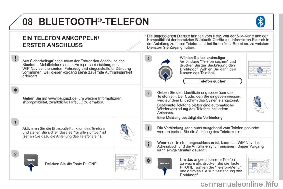 Peugeot Partner Tepee 2012 Betriebsanleitung (in German) 08
1
2
3
4
9.23
BLUETOOTH®-TELEFON
*
Die angebotenen Dienste hängen vom Netz, von der SIM-Karte und der Kompatibilität der benutzten Bluetooth-Geräte ab. Informieren Sie sich in
der Anleitung Peugeot Partner Tepee 2012 Betriebsanleitung (in German) 08
1
2
3
4
9.23
BLUETOOTH®-TELEFON
*
Die angebotenen Dienste hängen vom Netz, von der SIM-Karte und der Kompatibilität der benutzten Bluetooth-Geräte ab. Informieren Sie sich in
der Anleitung