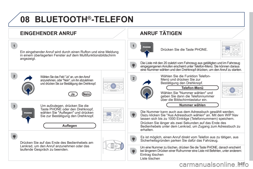 Peugeot Partner Tepee 2012 Betriebsanleitung (in German) 08
1
3 2
2 1
9.25
Wählen Sie das Feld "Ja" an, um den Anruf anzunehmen, oder "Nein", um ihn abzulehnen
und drücken Sie zur Bestätigung den Drehknopf.
EINGEHENDER ANRUF
ANRUF TÄTIGEN
Peugeot Partner Tepee 2012 Betriebsanleitung (in German) 08
1
3 2
2 1
9.25
Wählen Sie das Feld "Ja" an, um den Anruf anzunehmen, oder "Nein", um ihn abzulehnen
und drücken Sie zur Bestätigung den Drehknopf.
EINGEHENDER ANRUF
ANRUF TÄTIGEN