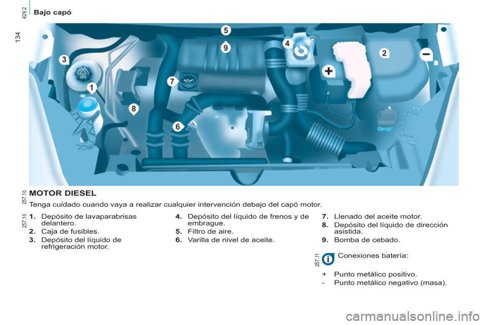 Peugeot Partner Tepee 2012  Manual del propietario (in Spanish) 134
   
 
Bajo capó  
 
 
 
MOTOR DIESEL 
 
 
4.   Depósito del líquido de frenos y de 
embrague. 
   
5.   Filtro de aire. 
   
6.   Varilla de nivel de aceite.    
7.   Llenado del aceite motor. 