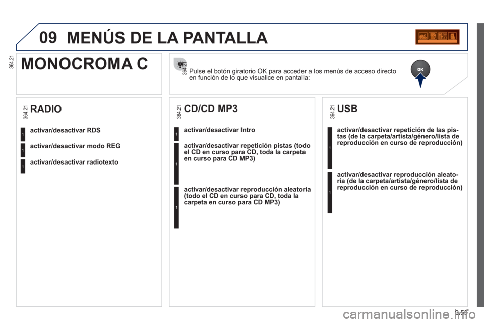Peugeot Partner Tepee 2012  Manual del propietario (in Spanish) 09
9.55
MENÚS DE LA PANTALLA 
Pulse el botón giratorio OK para acceder a los menús de acceso directo en función de lo que visualice en pantalla:
MONOCROMA C 
activar/desactivar RDS  
activar/desac