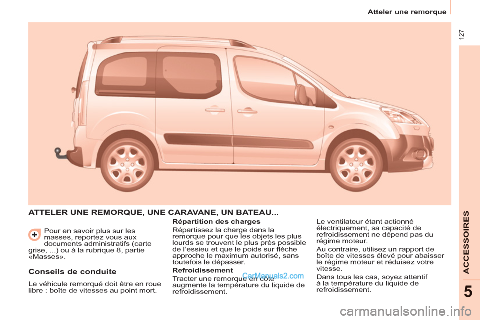 Peugeot Partner Tepee 2012  Manuel du propriétaire (in French)  127
   
 
Atteler une remorque  
 
ACCESSOIRE
S
5
 
Pour en savoir plus sur les 
masses, reportez vous aux 
documents administratifs (carte 
grise, ...) ou à la rubrique 8, partie 
«Masses». 
  AT