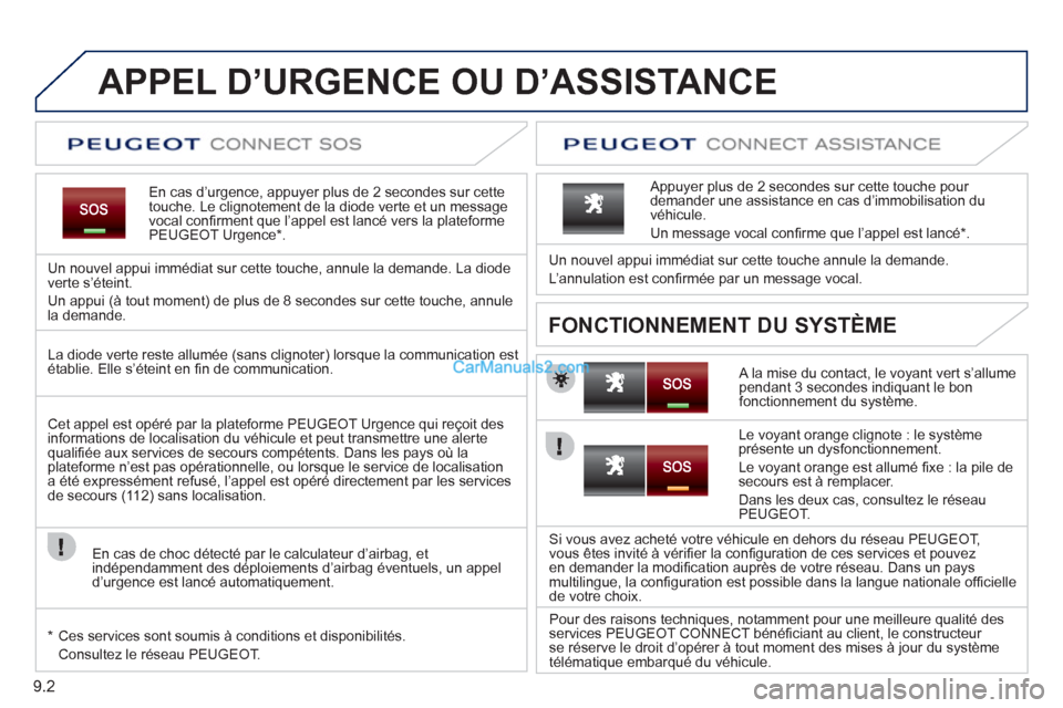 Peugeot Partner Tepee 2012  Manuel du propriétaire (in French) 9.2
   
 
 
 
 
 
 
 
 
 
APPEL D’URGENCE OU D’ASSISTANCE
En cas d’urgence, appuyer plus de 2 secondes sur cette 
touche. Le clignotement de la diode verte et un message
vocal conﬁ rment que l
