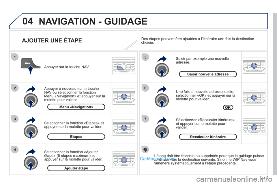 Peugeot Partner Tepee 2012  Manuel du propriétaire (in French) 04
7
6
5
4
3
2
1
9.13
   
AJOUTER UNE ÉTAPE 
 
 
Saisir par exemple une nouvelleadresse.
   
Une 
fois la nouvelle adresse saisie, sélectionner «OK» et appuyer sur la molette pour valider.
   
Sé