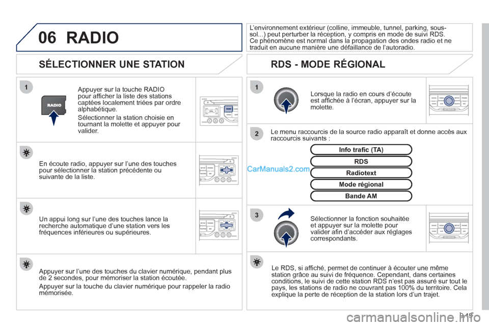 Peugeot Partner Tepee 2012  Manuel du propriétaire (in French) 06
3 2 1 1
9.19
 
 
 
 
 
 
SÉLECTIONNER UNE STATION 
 
 
Lorsque la radio en cours d’écouteest afﬁ chée à l’écran, appuyer sur la molette.  
   
Le menu raccourcis de la source radio appar