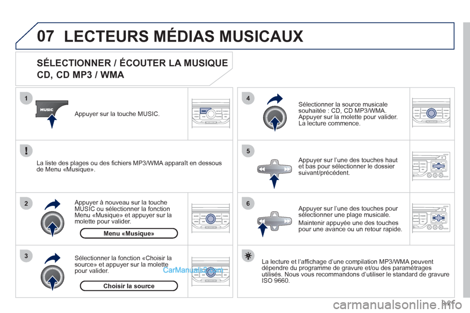Peugeot Partner Tepee 2012  Manuel du propriétaire (in French) 07
3 2 1
6
4
5
9.21
   
 
 
 
 
 
 
 
 
SÉLECTIONNER / ÉCOUTER LA MUSIQUE  
CD, CD MP3 / WMA 
La lecture et l’afﬁ chage d’une compilation MP3/WMA peuvent
dépendre du programme de gravure et/o