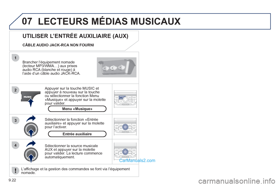 Peugeot Partner Tepee 2012  Manuel du propriétaire (in French) 07
43 1
2
9.22
LECTEURS MÉDIAS MUSICAUX
   
Brancher l’équipement nomade (lecteur MP3/WMA…) aux prises
audio RCA (blanche et rouge) à 
l’aide d’un câble audio JACK-RCA.  
   
Appuyer sur l