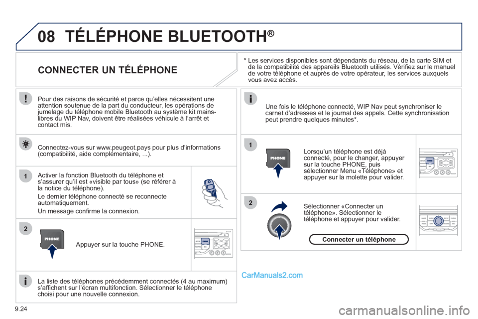 Peugeot Partner Tepee 2012  Manuel du propriétaire (in French) 08
1
2
2
1
9.24
   *   
 
Les services disponibles sont dépendants du réseau, de la carte SIM et 
de la compatibilité des appareils Bluetooth utilisés. Vériﬁ ez sur le manuel
de votre télépho