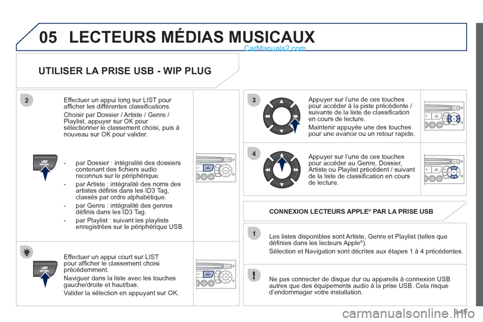 Peugeot Partner Tepee 2012  Manuel du propriétaire (in French) 3
4
05
2
1
LISTREFRESH
LISTREFRESH
9.45
   
UTILISER LA PRISE USB - WIP PLUG 
 
 
Effectuer un appui court sur LIST pour afﬁ cher le classement choisiprÈcÈdemment. 
  Navi
guer dans la liste avec 