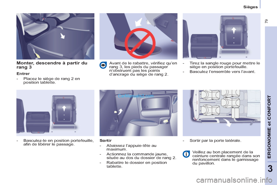 Peugeot Partner Tepee 2012  Manuel du propriétaire (in French)  79
ERGONOMI
E et
CONFOR
T
3
   
 
Sièges  
 
 
 
Monter, descendre à partir du 
rang 3 
   
Entrer 
   
 
-   Placez le siège de rang 2 en 
position tablette. 
   
Sortir 
   
 
-   Abaissez l’a
