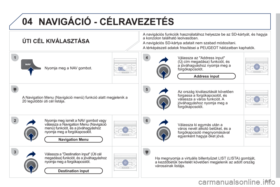 Peugeot Partner Tepee 2012 Kezelési útmutató (in Hungarian) 04
1
2
3
5
6
4
9.9
NAVIGÁCIÓ - CÉLRAVEZETÉS
ÚTI CÉL KIVÁLASZTÁSA
Nyomja meg ismét a NAV gombot vagy
válassza a Navigation Menu (Navigáció
menü) funkciót, és Peugeot Partner Tepee 2012 Kezelési útmutató (in Hungarian) 04
1
2
3
5
6
4
9.9
NAVIGÁCIÓ - CÉLRAVEZETÉS
ÚTI CÉL KIVÁLASZTÁSA
Nyomja meg ismét a NAV gombot vagy
válassza a Navigation Menu (Navigáció
menü) funkciót, és