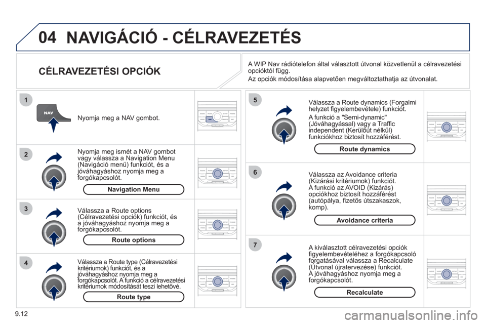 Peugeot Partner Tepee 2012  Kezelési útmutató (in Hungarian) 04
4
3
2
1
7
6
5
9.12
NAVIGÁCIÓ - CÉLRAVEZETÉS 
   
CÉLRAVEZETÉSI OPCIÓK 
 
 
Válassza a Route dynamics (Forgalmi helyzet ﬁ gyelembevétele) funkciót. 
 
A funkció a "Semi-dynamic"(Jóváh