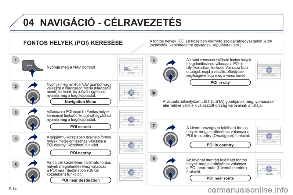 Peugeot Partner Tepee 2012 Kezelési útmutató (in Hungarian) 04
8
6
7
4
3
5
2
1
9.14
NAVIGÁCIÓ - CÉLRAVEZETÉS
FONTOS HELYEK (POI) KERESÉSE
Nyomja meg a NAV gombot.
Nyomja meg ismét a NAV gombot vagyválassza a Navigation Menu (Navigáció yj Peugeot Partner Tepee 2012 Kezelési útmutató (in Hungarian) 04
8
6
7
4
3
5
2
1
9.14
NAVIGÁCIÓ - CÉLRAVEZETÉS
FONTOS HELYEK (POI) KERESÉSE
Nyomja meg a NAV gombot.
Nyomja meg ismét a NAV gombot vagyválassza a Navigation Menu (Navigáció yj