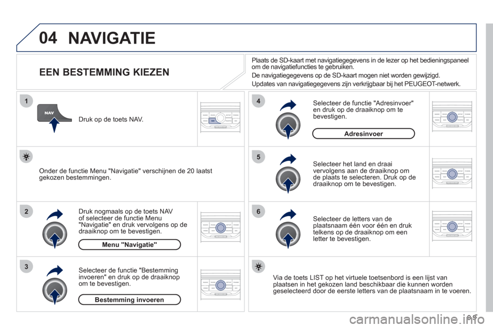 Peugeot Partner Tepee 2012 Handleiding (in Dutch) 04
1
2
3
5
6
4
9.9
NAVIGATIE
EEN BESTEMMING KIEZEN
Druk nogmaals op de toets NAV of selecteer de functie Menu "Navigatie" en druk vervolgens op de
draaiknop om te bevestige Peugeot Partner Tepee 2012 Handleiding (in Dutch) 04
1
2
3
5
6
4
9.9
NAVIGATIE
EEN BESTEMMING KIEZEN
Druk nogmaals op de toets NAV of selecteer de functie Menu "Navigatie" en druk vervolgens op de
draaiknop om te bevestige