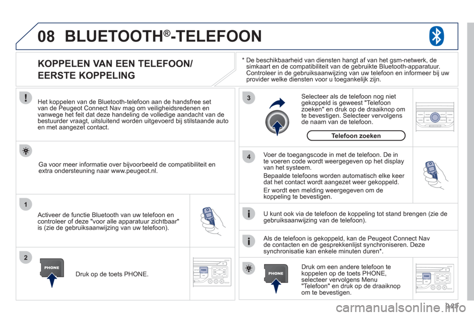 Peugeot Partner Tepee 2012 Handleiding (in Dutch) 08
1
2
3
4
9.23
BLUETOOTH®-TELEFOON
*
De beschikbaarheid van diensten hangt af van het gsm-netwerk, de
simkaart en de compatibiliteit van de gebruikte Bluetooth-apparatuur.Controleer in de gebr Peugeot Partner Tepee 2012 Handleiding (in Dutch) 08
1
2
3
4
9.23
BLUETOOTH®-TELEFOON
*
De beschikbaarheid van diensten hangt af van het gsm-netwerk, de
simkaart en de compatibiliteit van de gebruikte Bluetooth-apparatuur.Controleer in de gebr