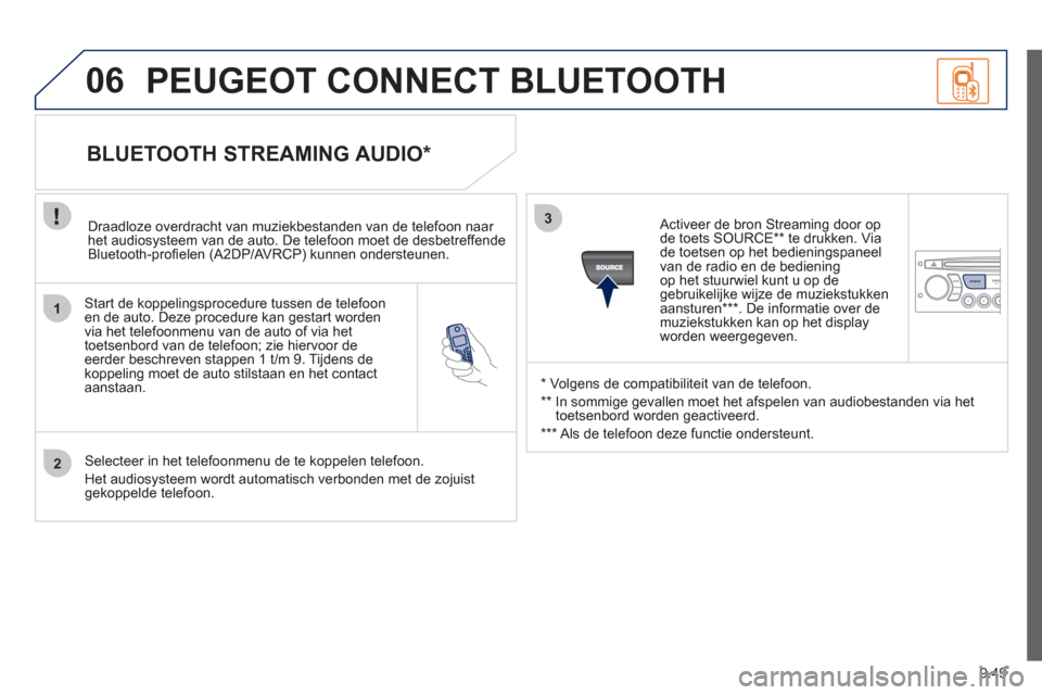 Peugeot Partner Tepee 2012 Handleiding (in Dutch) 1
2
3
SOURCE
06
9.49
Start de koppelingsprocedure tussen de telefoonen de auto. Deze procedure kan gestart worden
via het telefoonmenu van de auto of via het
toetsenbord van de telefoon; zie hier Peugeot Partner Tepee 2012 Handleiding (in Dutch) 1
2
3
SOURCE
06
9.49
Start de koppelingsprocedure tussen de telefoonen de auto. Deze procedure kan gestart worden
via het telefoonmenu van de auto of via het
toetsenbord van de telefoon; zie hier