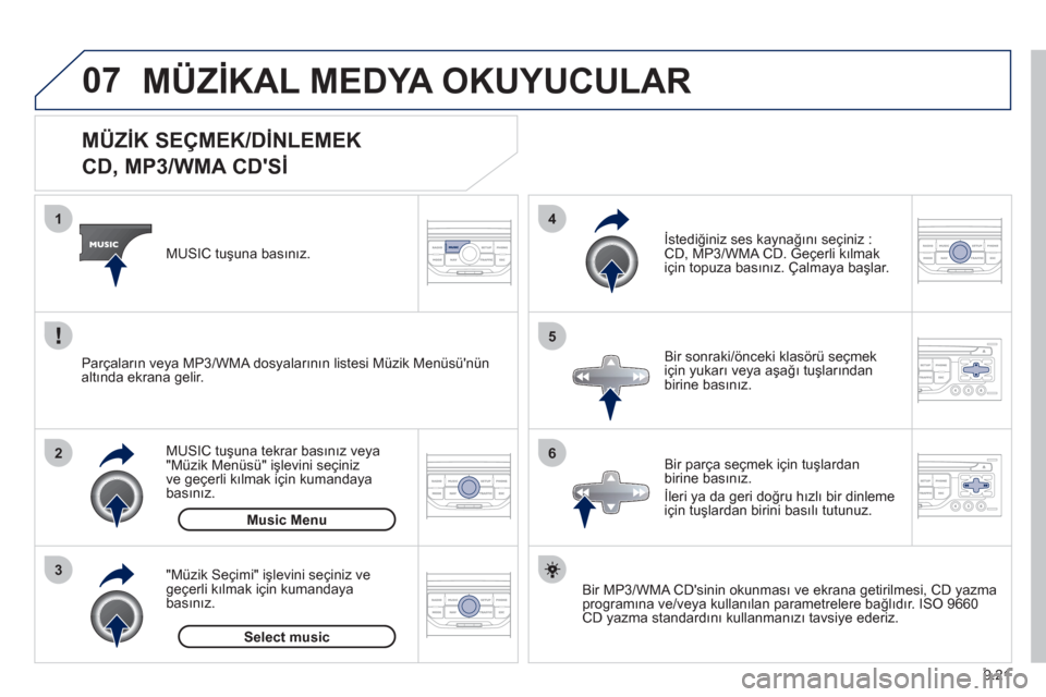 Peugeot Partner Tepee 2012  Kullanım Kılavuzu (in Turkish) 07
3 2 1
6
4
5
9.21
   
 
 
 
 
 
 
 
 
 
 
 
MÜZİK SEÇMEK/DİNLEMEK  
CD, MP3/WMA CDSİ 
Bir MP3/WMA CDsinin okunması ve ekrana getirilmesi, CD yazma
programına ve/veya kullanılan parametrele
