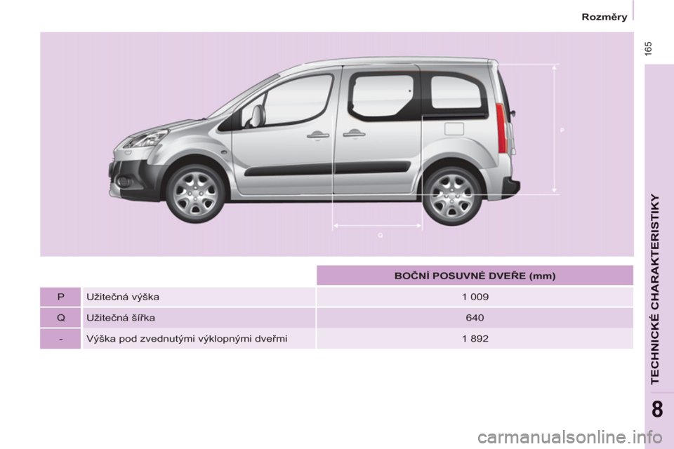 Peugeot Partner Tepee 2012  Návod k obsluze (in Czech)  165
   
 
Rozměry  
 
TECHNICKÉ CHARAKTERISTIKY
8
 
 
 
  
 
 
BOČNÍ POSUVNÉ DVEŘE (mm) 
 
 
   
P   Užitečná výška    
1 009  
   
Q   Užitečná šířka   
640  
   
-   Výška pod zv