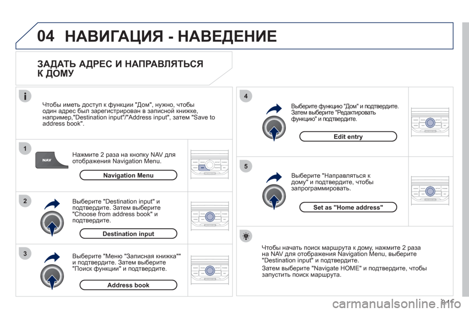 Peugeot Partner Tepee 2012  Инструкция по эксплуатации (in Russian) 04
1
2
3
5
4
9.11
  НАВИГАЦИЯ - НАВЕДЕНИЕ
 
 
ЗАДАТЬ АДРЕС И НАПРАВЛЯТЬСЯ 
К ДОМУ 
Нажмите 2 раза на кнопку NAV для 
отображ