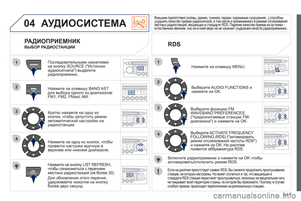 Peugeot Partner Tepee 2012 Инструкция по эксплуатации (in Russian) 04
1
2
3
4
1
2
3
4
SOURCE
BANDAST
LISTREFRESH
MENU
9.41
АУДИОСИСТЕМА
Последовательными нажатиями
на кнопку SOURCE ("Источник
аудиоси Peugeot Partner Tepee 2012 Инструкция по эксплуатации (in Russian) 04
1
2
3
4
1
2
3
4
SOURCE
BANDAST
LISTREFRESH
MENU
9.41
АУДИОСИСТЕМА
Последовательными нажатиями
на кнопку SOURCE ("Источник
аудиоси