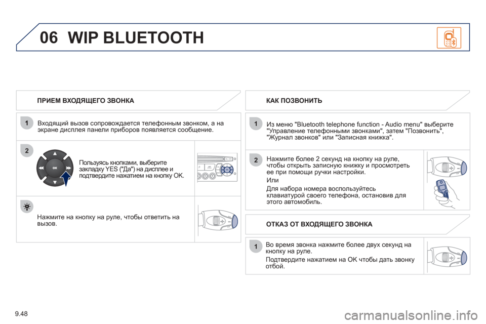 Peugeot Partner Tepee 2012  Инструкция по эксплуатации (in Russian) 06
2
1
2
1
OK
9.48
  
ПРИЕМ ВХОДЯЩЕГО  ЗВОНКА  
  
Входящий  вызов соп
ровождается  телефонным звонком , а наэкране диспл