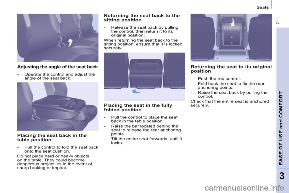 Peugeot Partner Tepee 2011 Owners Manual 71
EASE OF USE
andCOMFOR
T
3
Seats
Adjusting the angle of the seat back
- Operate the control and adjust the
angle of the seat back.
Placing the seat back Peugeot Partner Tepee 2011 Owners Manual 71
EASE OF USE
andCOMFOR
T
3
Seats
Adjusting the angle of the seat back
- Operate the control and adjust the
angle of the seat back.
Placing the seat back