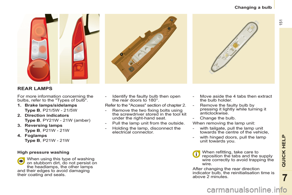 Peugeot Partner Tepee 2011 Owners Manual - RHD (UK, Australia) 151
QUICK HELP
7
Changing a bulb
REAR LAMPS
- Identify the faulty bulb then open
the rear doors to 180°.
Refer to the "Access" section of chapter 2.
- Remove the two fi xing Peugeot Partner Tepee 2011 Owners Manual - RHD (UK, Australia) 151
QUICK HELP
7
Changing a bulb
REAR LAMPS
- Identify the faulty bulb then open
the rear doors to 180°.
Refer to the "Access" section of chapter 2.
- Remove the two fi xing
