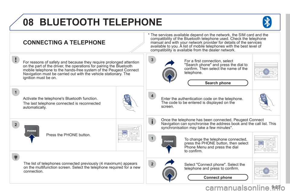 Peugeot Partner Tepee 2011 Owners Manual - RHD (UK, Australia) 08
1
2
3
2 1 4
9.23
*
The services available depend on the network, the SIM card and thecompatibility of the Bluetooth telephone used. Check the telephone
manual and with your network provider f Peugeot Partner Tepee 2011 Owners Manual - RHD (UK, Australia) 08
1
2
3
2 1 4
9.23
*
The services available depend on the network, the SIM card and thecompatibility of the Bluetooth telephone used. Check the telephone
manual and with your network provider f