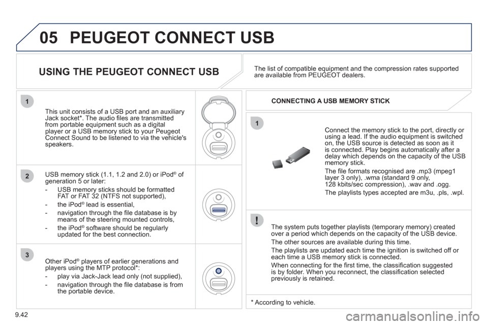 Peugeot Partner Tepee 2011 Owners Manual - RHD (UK, Australia) 9.42
05
1
1
2
3
PEUGEOT CONNECT USB
The system puts together playlists (temporary memory) createdover a period which depends on the capacity of the USB device.
The other sources are available Peugeot Partner Tepee 2011 Owners Manual - RHD (UK, Australia) 9.42
05
1
1
2
3
PEUGEOT CONNECT USB
The system puts together playlists (temporary memory) createdover a period which depends on the capacity of the USB device.
The other sources are available