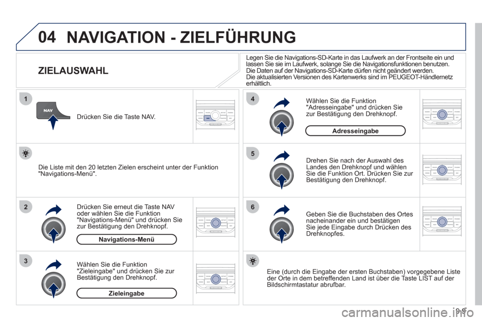Peugeot Partner Tepee 2011 Betriebsanleitung (in German) 9.9
04
1
2
3
5
6
4
NAVIGATION - ZIELFÜHRUNG
ZIELAUSWAHL
Drücken Sie erneut die Taste NAVoder wählen Sie die Funktion "Navigations-Menü" und drücken Sie
zur Bes Peugeot Partner Tepee 2011 Betriebsanleitung (in German) 9.9
04
1
2
3
5
6
4
NAVIGATION - ZIELFÜHRUNG
ZIELAUSWAHL
Drücken Sie erneut die Taste NAVoder wählen Sie die Funktion "Navigations-Menü" und drücken Sie
zur Bes