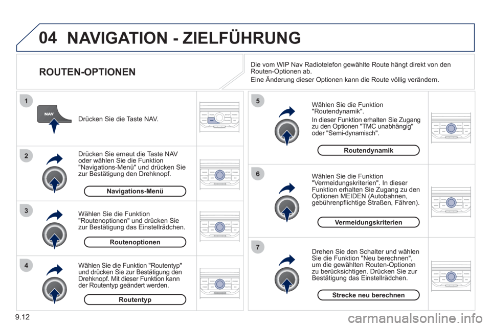 Peugeot Partner Tepee 2011 Betriebsanleitung (in German) 9.12
04
4
3
2
1
7
6
5
NAVIGATION - ZIELFÜHRUNG
ROUTEN-OPTIONEN
Wählen Sie die Funktion "Routendynamik".
In dieser Funktion erhalten Sie Zugang
zu den Optionen "TMC unabhängig"
oder "Semi-dyna Peugeot Partner Tepee 2011 Betriebsanleitung (in German) 9.12
04
4
3
2
1
7
6
5
NAVIGATION - ZIELFÜHRUNG
ROUTEN-OPTIONEN
Wählen Sie die Funktion "Routendynamik".
In dieser Funktion erhalten Sie Zugang
zu den Optionen "TMC unabhängig"
oder "Semi-dyna