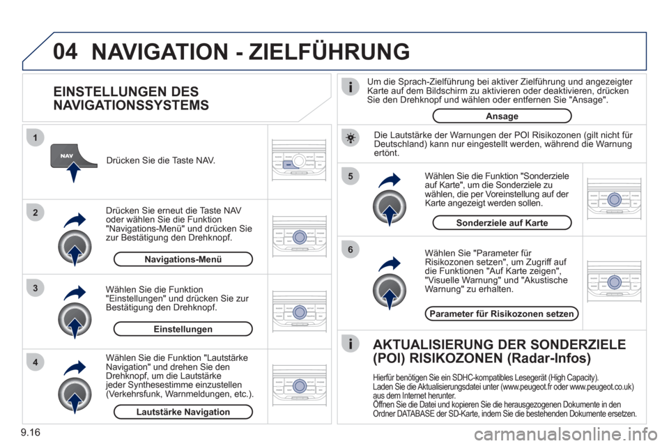 Peugeot Partner Tepee 2011 Betriebsanleitung (in German) 9.16
04
5
6
3 2 1
4
EINSTELLUNGEN DES
NAVIGATIONSSYSTEMS
Wählen Sie "Parameter für Risikozonen setzen", um Zugriff auf
die Funktionen "Auf Karte zeigen","Visuelle Warnung" und "AkustischeWa Peugeot Partner Tepee 2011 Betriebsanleitung (in German) 9.16
04
5
6
3 2 1
4
EINSTELLUNGEN DES
NAVIGATIONSSYSTEMS
Wählen Sie "Parameter für Risikozonen setzen", um Zugriff auf
die Funktionen "Auf Karte zeigen","Visuelle Warnung" und "AkustischeWa