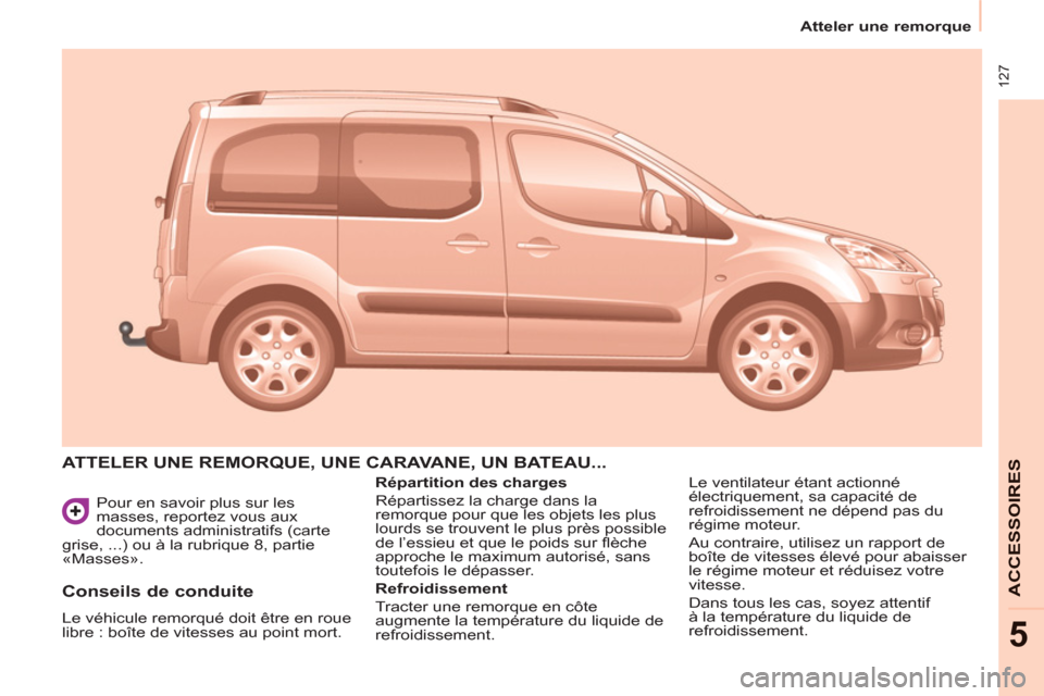 Peugeot Partner Tepee 2011  Manuel du propriétaire (in French)  127
   
 
Atteler une remorque  
 
ACCESSOIRE
S
5
 
Pour en savoir plus sur les 
masses, reportez vous aux 
documents administratifs (carte 
grise, ...) ou à la rubrique 8, partie 
«Masses». 
  AT