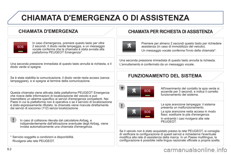 Peugeot Partner Tepee 2011  Manuale del proprietario (in Italian) 9.2
   
 
 
 
 
 
CHIAMATA DEMERGENZA O DI ASSISTENZA 
 
 
CHIAMATA DEMERGENZA 
In caso demergenza, premere questo tasto per oltre2 secondi. Il diodo verde lampeggia, e un messaggio 
vocale conferm