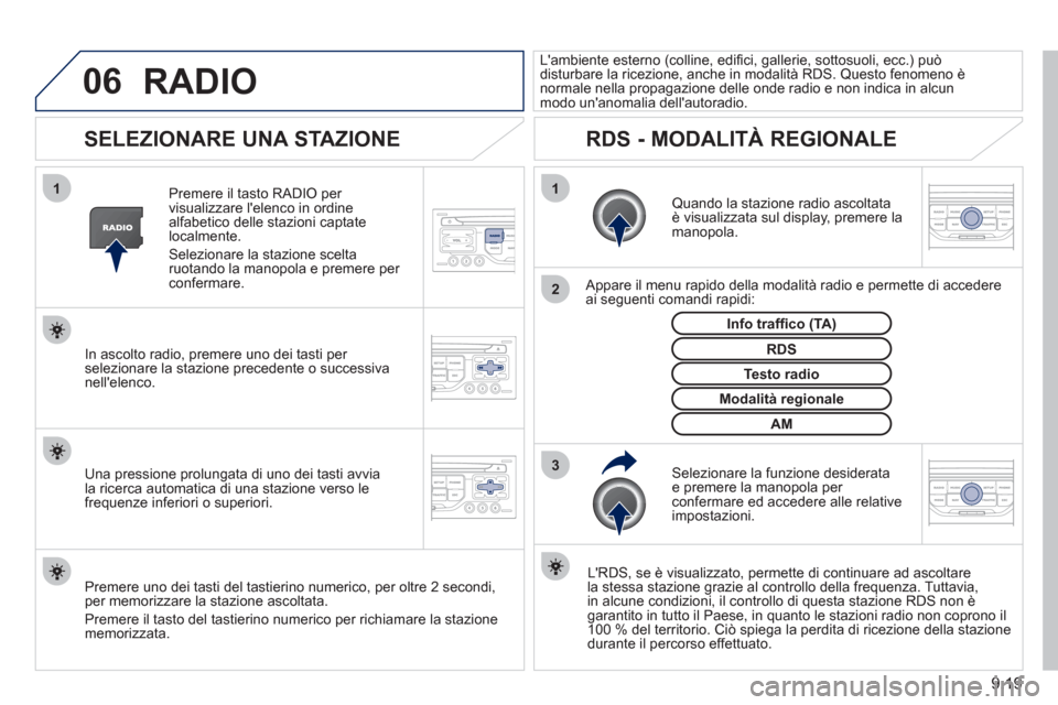Peugeot Partner Tepee 2011  Manuale del proprietario (in Italian) 9.19
06
3 2 1 1
 
 
 
 
 
 
 
SELEZIONARE UNA STAZIONE 
 
 Quando la stazione radio ascoltata è visualizzata sul display, premere la manopola.
   
Appare il menu rapido della modalità radio e permet