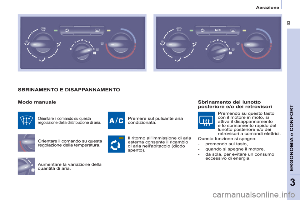 Peugeot Partner Tepee 2011  Manuale del proprietario (in Italian)  63
ERGONOMI
A e CONFOR
T
3
Aerazione
  SBRINAMENTO E DISAPPANNAMENTO
   
Modo manuale 
 
Orientare il comando su questa 
regolazione della temperatura. 
  Aumentare la variazione della 
quantità di 