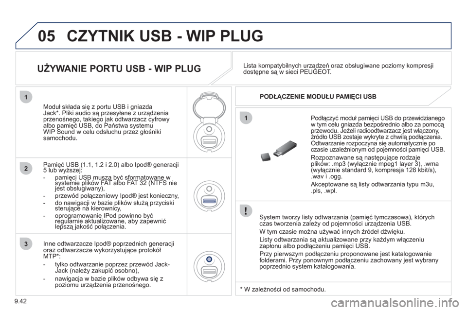 Peugeot Partner Tepee 2011 Instrukcja Obsługi (in Polish) 9.42
05
1
1
2
3
CZYTNIK USB - WIP PLUG
System tworzy listy odtwarzania (pamięć tymczasowa), którychczas tworzenia zależy od pojemności urządzenia USB.
W tym czasie można używać innych Peugeot Partner Tepee 2011 Instrukcja Obsługi (in Polish) 9.42
05
1
1
2
3
CZYTNIK USB - WIP PLUG
System tworzy listy odtwarzania (pamięć tymczasowa), którychczas tworzenia zależy od pojemności urządzenia USB.
W tym czasie można używać innych
