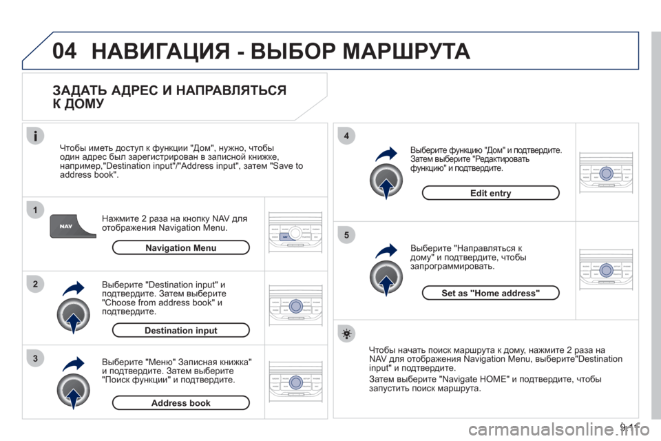 Peugeot Partner Tepee 2011  Инструкция по эксплуатации (in Russian) 9.11
04
1
2
3
5
4
  НАВИГАЦИЯ - ВЫБОР МАРШРУТА
 
 
ЗАДАТЬ АДРЕС И НАПРАВЛЯТЬСЯ 
К ДОМУ 
Нажмите 2 раза на кнопку NAV для 
от