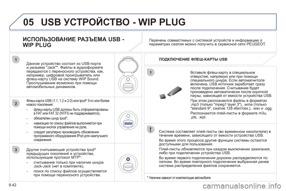 Peugeot Partner Tepee 2011 Инструкция по эксплуатации (in Russian) 9.42
05
1
1
2
3
USB УСТРОЙСТВО - WIP PLUG
Система составляет плей-листы (во временном накопителе) в течение времени, зав Peugeot Partner Tepee 2011 Инструкция по эксплуатации (in Russian) 9.42
05
1
1
2
3
USB УСТРОЙСТВО - WIP PLUG
Система составляет плей-листы (во временном накопителе) в течение времени, зав