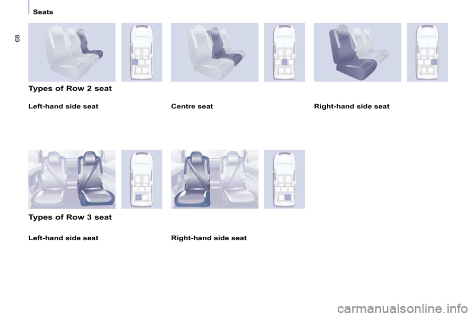 Peugeot Partner Tepee 2010  Owners Manual 68
   Seats   
  Left-hand side seat  
  Types of Row 2 seat  
  Types of Row 3 seat    Centre seat     Right-hand side seat    
  Right-hand side seat   
  Left-hand side seat             
