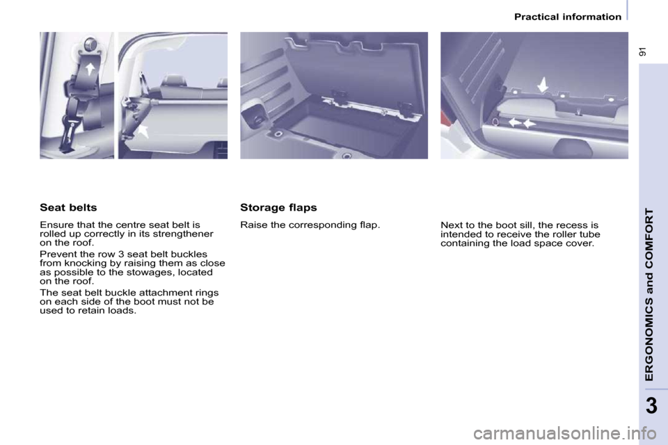 Peugeot Partner Tepee 2010  Owners Manual � �9�1
ERGONOMICS 
and
 COMFORT
3
   Practical information   
  Storage flaps  
� �R�a�i�s�e� �t�h�e� �c�o�r�r�e�s�p�o�n�d�i�n�g� �ﬂ� �a�p�.�  � �N�e�x�t� �t�o� �t�h�e� �b�o�o�t� �s�i�l�l�,� �t�h�e�
