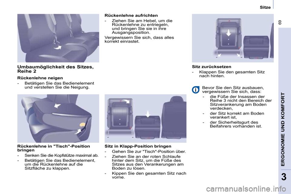 Peugeot Partner Tepee 2010 Betriebsanleitung (in German) Sitze
69
ERGONOMIE UND KOMFORT
3
Rückenlehne neigen
- Betätigen Sie das Bedienelement und verstellen Sie die Neigung.
Rückenlehne in "Tisch"-Position
bringen
-
Senken Peugeot Partner Tepee 2010 Betriebsanleitung (in German) Sitze
69
ERGONOMIE UND KOMFORT
3
Rückenlehne neigen
- Betätigen Sie das Bedienelement und verstellen Sie die Neigung.
Rückenlehne in "Tisch"-Position
bringen
-
Senken