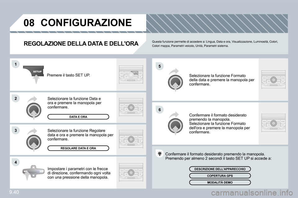 Peugeot Partner Tepee 2010  Manuale del proprietario (in Italian) 9.40
�0�8
�5
�6
�1
�2
�3
�4
�C�O�N�F�I�G�U�R�A�Z�I�O�N�E� 
� � �R�E�G�O�L�A�Z�I�O�N�E� �D�E�L�L�A� �D�A�T�A� �E� �D�E�L�L��O�R�A�  Questa funzione permette di accedere a: Lingua, Data e ora, Visualiz