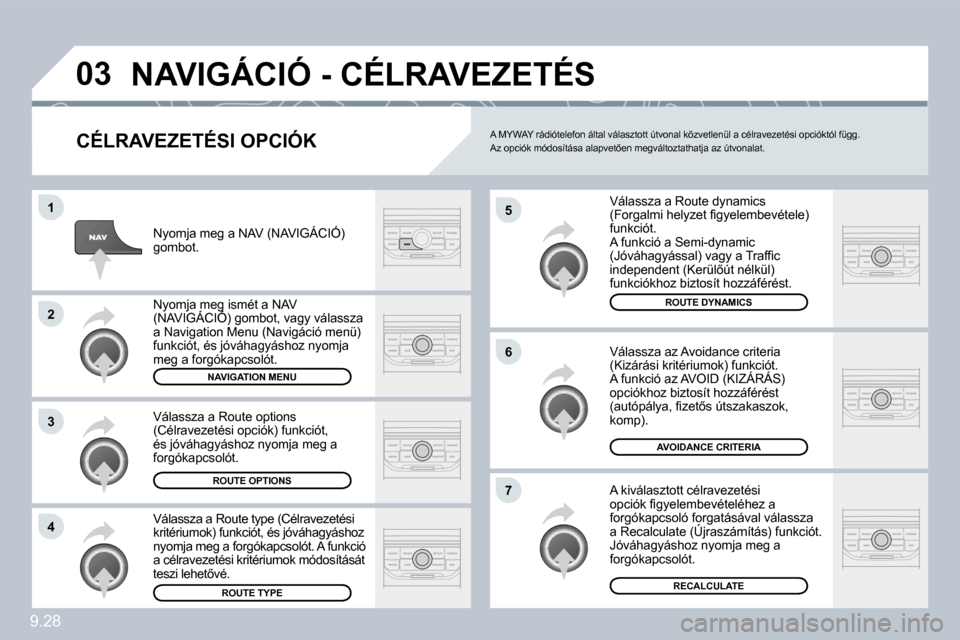 Peugeot Partner Tepee 2010  Kezelési útmutató (in Hungarian) 9.28
�0�3
�5
�6
�7
�1
�2
�3
�4
� �N�A�V�I�G�Á�C�I�Ó� �-� �C�É�L�R�A�V�E�Z�E�T�É�S� 
� � �C�É�L�R�A�V�E�Z�E�T�É�S�I� �O�P�C�I�Ó�K� 
� �V�á�l�a�s�s�z�a� �a� �R�o�u�t�e� �d�y�n�a�m�i�c�s� �(�F�o�