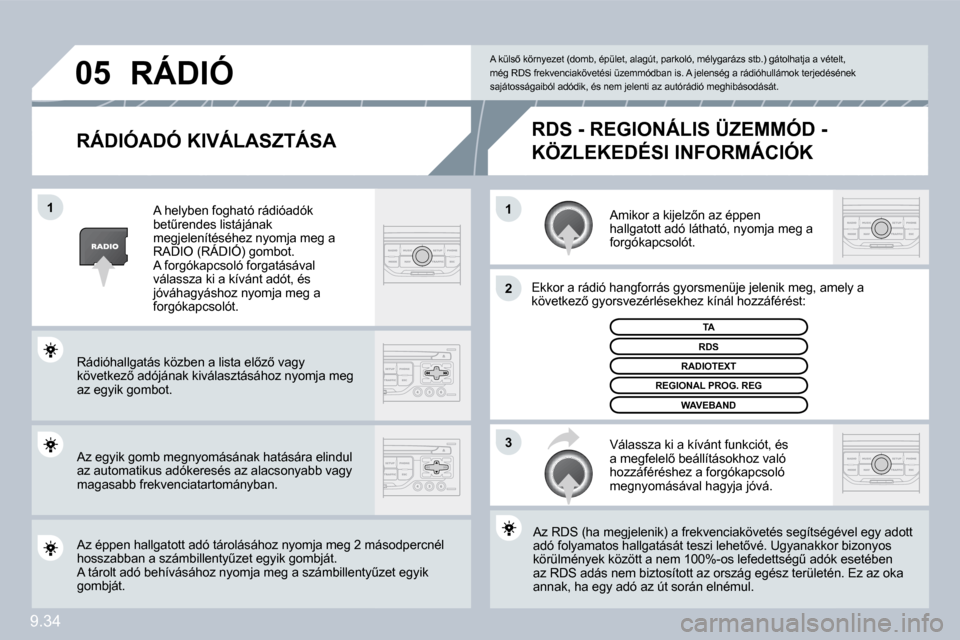 Peugeot Partner Tepee 2010  Kezelési útmutató (in Hungarian) 9.34
�1�1
�2
�3
�0�5
� � �R�Á�D�I�Ó�A�D�Ó� �K�I�V�Á�L�A�S�Z�T�Á�S�A� 
� �A�m�i�k�o�r� �a� �k�i�j�e�l�z5�n� �a�z� �é�p�p�e�n� �h�a�l�l�g�a�t�o�t�t� �a�d�ó� �l�á�t�h�a�t�ó�,� �n�y�o�m�j�a� �m�
