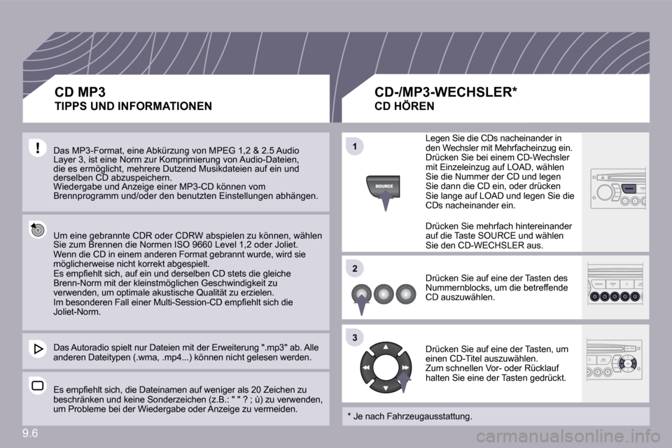 Peugeot Partner Tepee 2009  Betriebsanleitung (in German) 9.6
�1�1
�2�2
�3�3
Das MP3-Format, eine Abkürzung von MPEG 1,2 & 2.5 Audio Layer 3, ist eine Norm zur Komprimierung von Audio-Dateien, die es ermöglicht, mehrere Dutzend Musikdateien auf ein und der