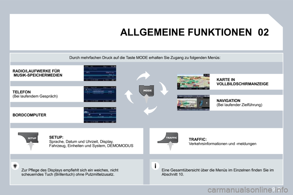 Peugeot Partner Tepee 2009  Betriebsanleitung (in German) 9. 21
�0�2 ALLGEMEINE FUNKTIONEN 
� �E�i�n�e� �G�e�s�a�m�t�ü�b�e�r�s�i�c�h�t� �ü�b�e�r� �d�i�e� �M�e�n�ü�s� �i�m� �E�i�n�z�e�l�n�e�n� �ﬁ� �n�d�e�n� �S�i�e� �i�m� Abschnitt 10.  
  Durch mehrfache