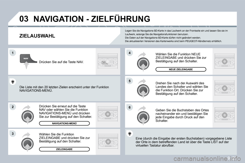 Peugeot Partner Tepee 2009  Betriebsanleitung (in German) 9. 23
�0�3
�1
�2
�3
�6
�5
�4
� �N�A�V�I�G�A�T�I�O�N� �-� �Z�I�E�L�F�Ü�H�R�U�N�G� 
� � �Z�I�E�L�A�U�S�W�A�H�L� 
 Drücken Sie erneut auf die Taste NAV oder wählen Sie die Funktion NAVIGATIONS-MENÜ u