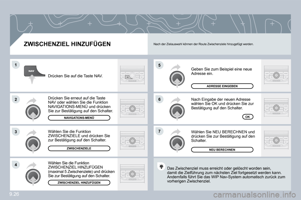 Peugeot Partner Tepee 2009  Betriebsanleitung (in German) 9.26
�5
�6
�7
�1
�2
�3
�4
� � �Z�W�I�S�C�H�E�N�Z�I�E�L� �H�I�N�Z�U�F�Ü�G�E�N� 
 Geben Sie zum Beispiel eine neue Adresse ein. 
 Nach Eingabe der neuen Adresse wählen Sie OK und drücken Sie zur Best