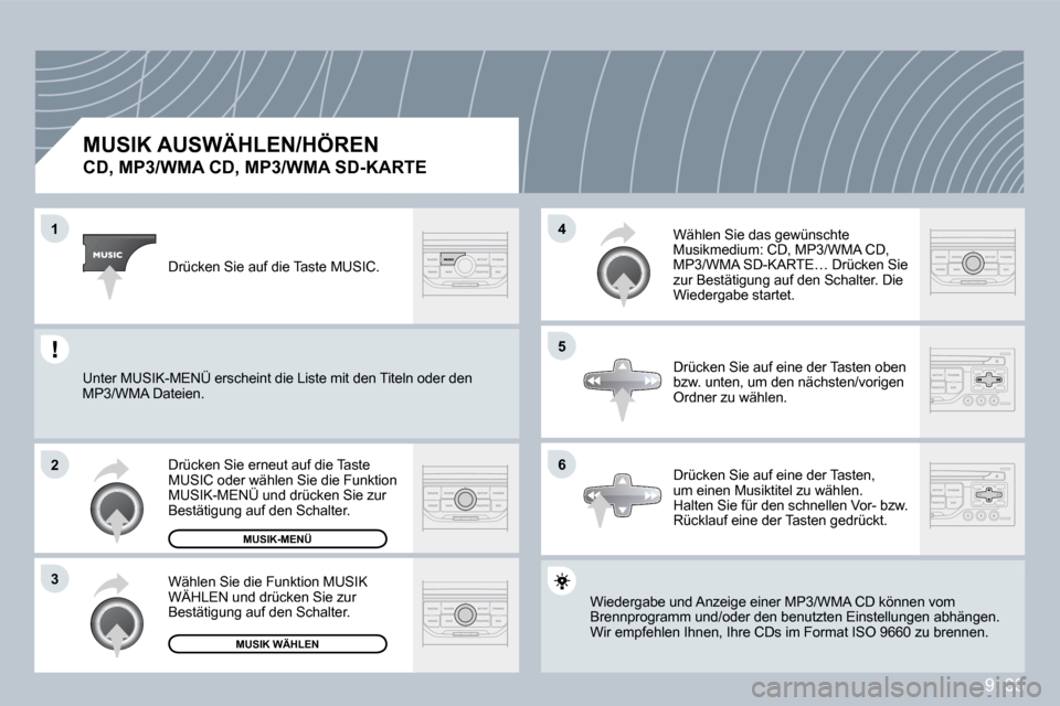 Peugeot Partner Tepee 2009  Betriebsanleitung (in German) 9. 33
�1
�2
�3
�5
�4
�6
� � �M�U�S�I�K� �A�U�S�W�Ä�H�L�E�N�/�H�Ö�R�E�N� � 
�C�D�,� �M�P�3�/�W�M�A� �C�D�,� �M�P�3�/�W�M�A� �S�D�-�K�A�R�T�E� 
 Wiedergabe und Anzeige einer MP3/WMA CD können vnnen v